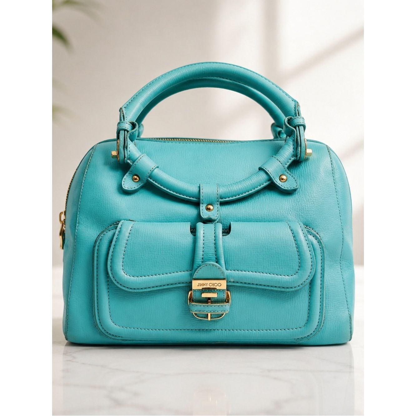 Jimmy Choo Vintage Turquoise Leather Satchel Top Handle Gold Hardware Bag